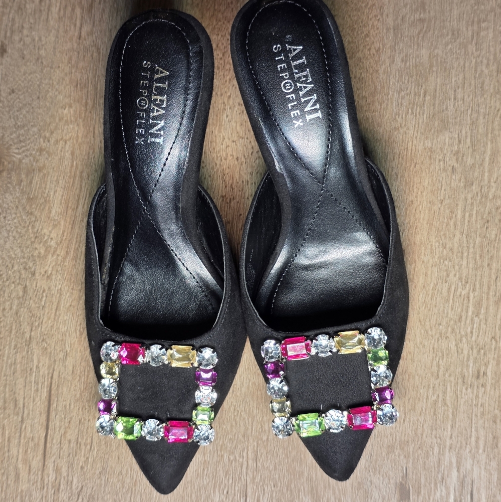 Alfani Black Mules with Colorful Embellishments